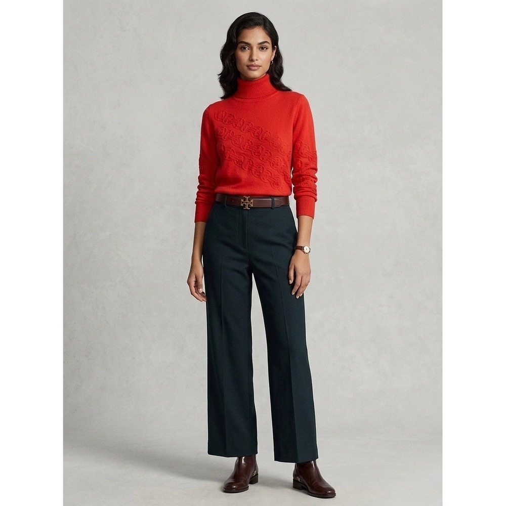 Tory Burch Red Merino Wool T-Monogram Logo Turtleneck Sweater Size M
